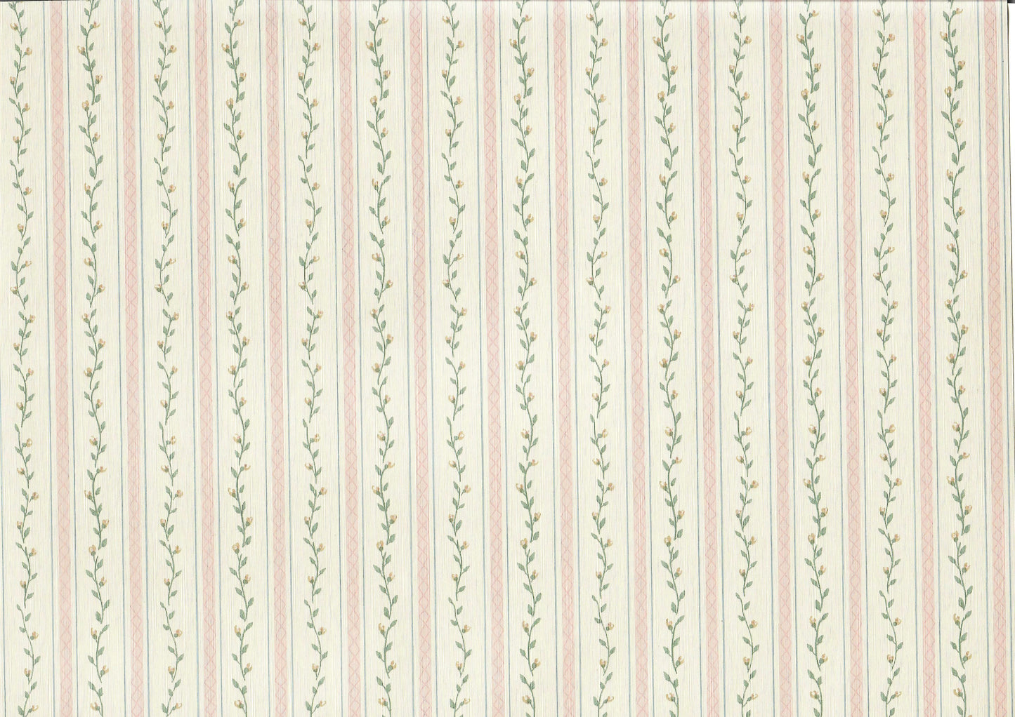 Dollhouse Wallpaper Pink Strip Floral Vine 3 Sheets 1:12 Scale Cream Pink Green