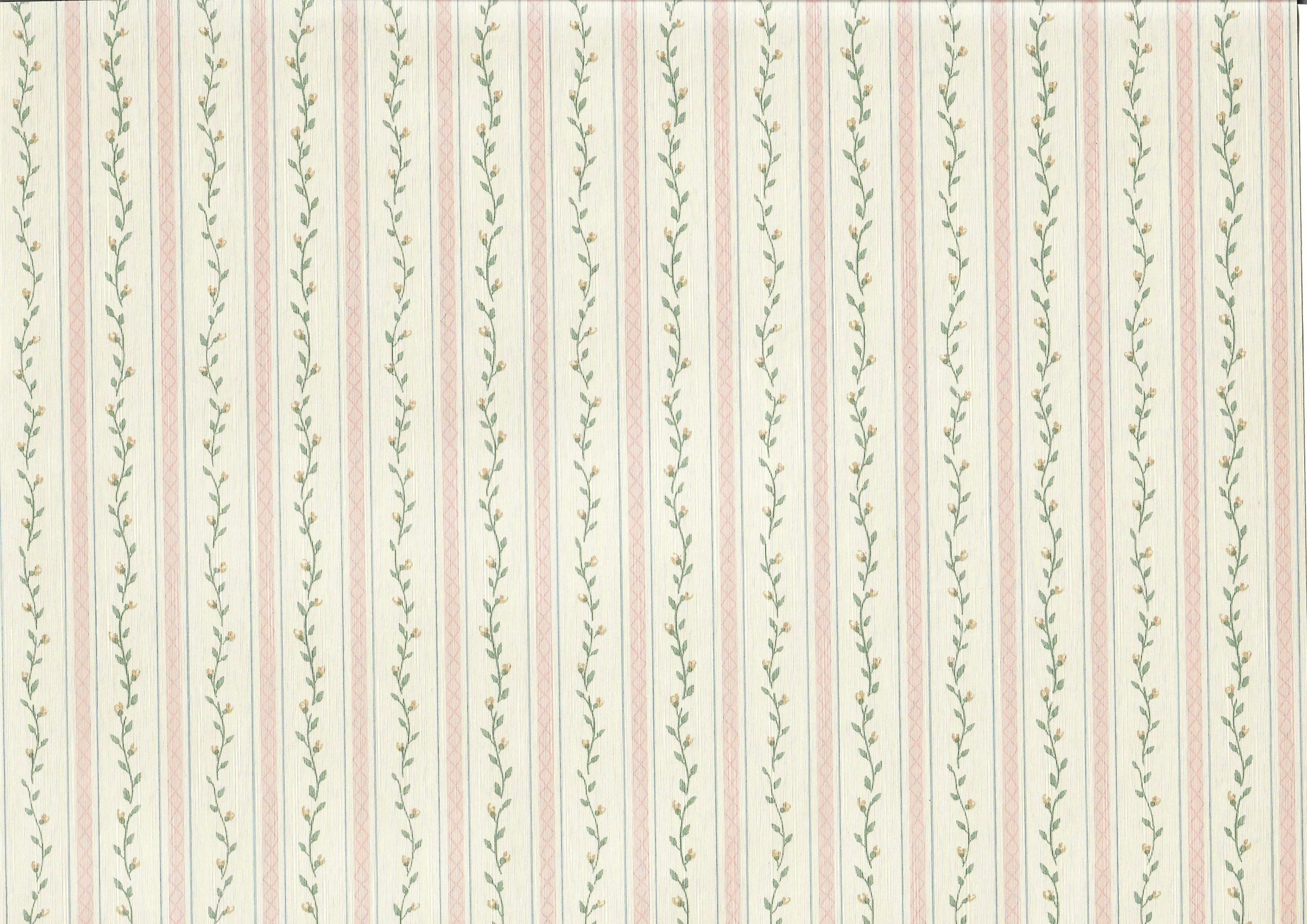 Dollhouse Wallpaper Pink Strip Floral Vine 3 Sheets 1:12 Scale Cream Pink Green