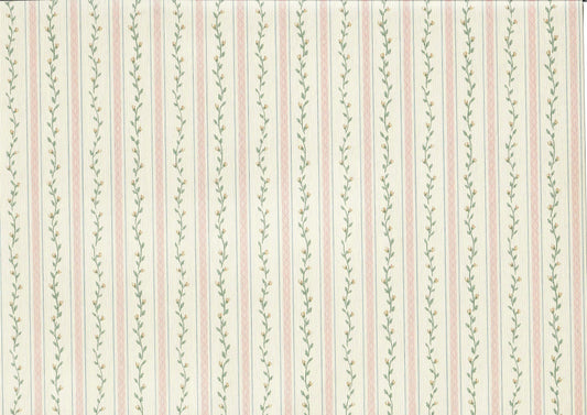 Dollhouse Wallpaper Pink Strip Floral Vine 3 Sheets 1:12 Scale Cream Pink Green