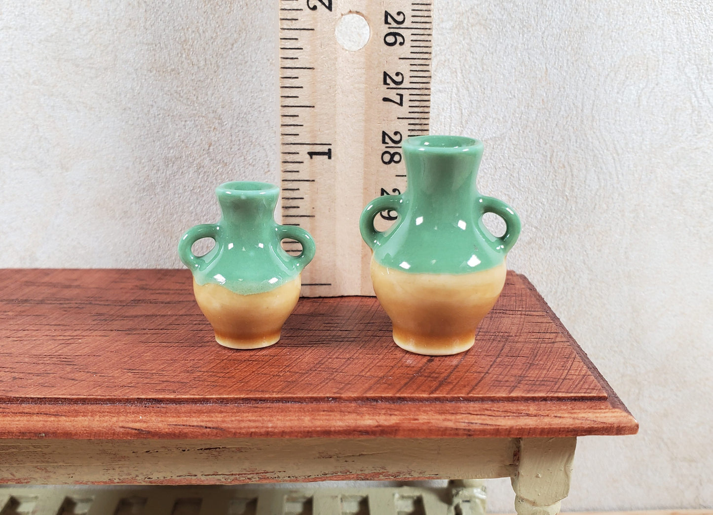 Dollhouse 2 Handled Urns Set of 2 Jugs Green & Brown 1:12 Scale Miniature
