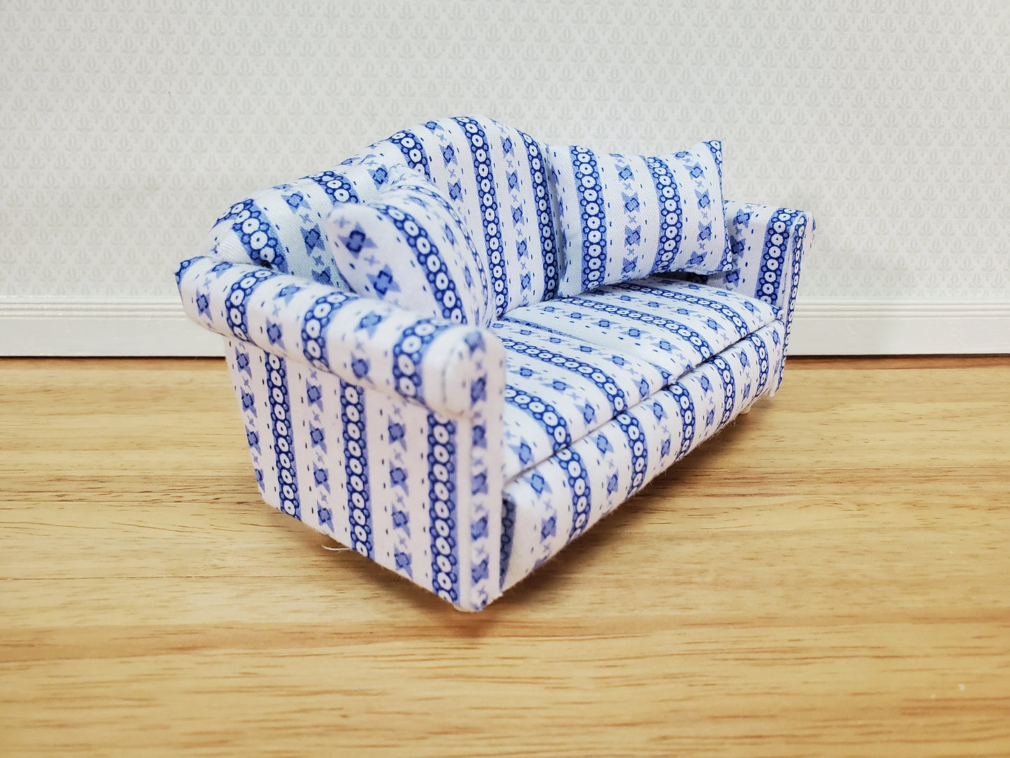Dollhouse Sofa Couch Modern Blue & White with Cushions 1:12 Scale Miniature Furniture
