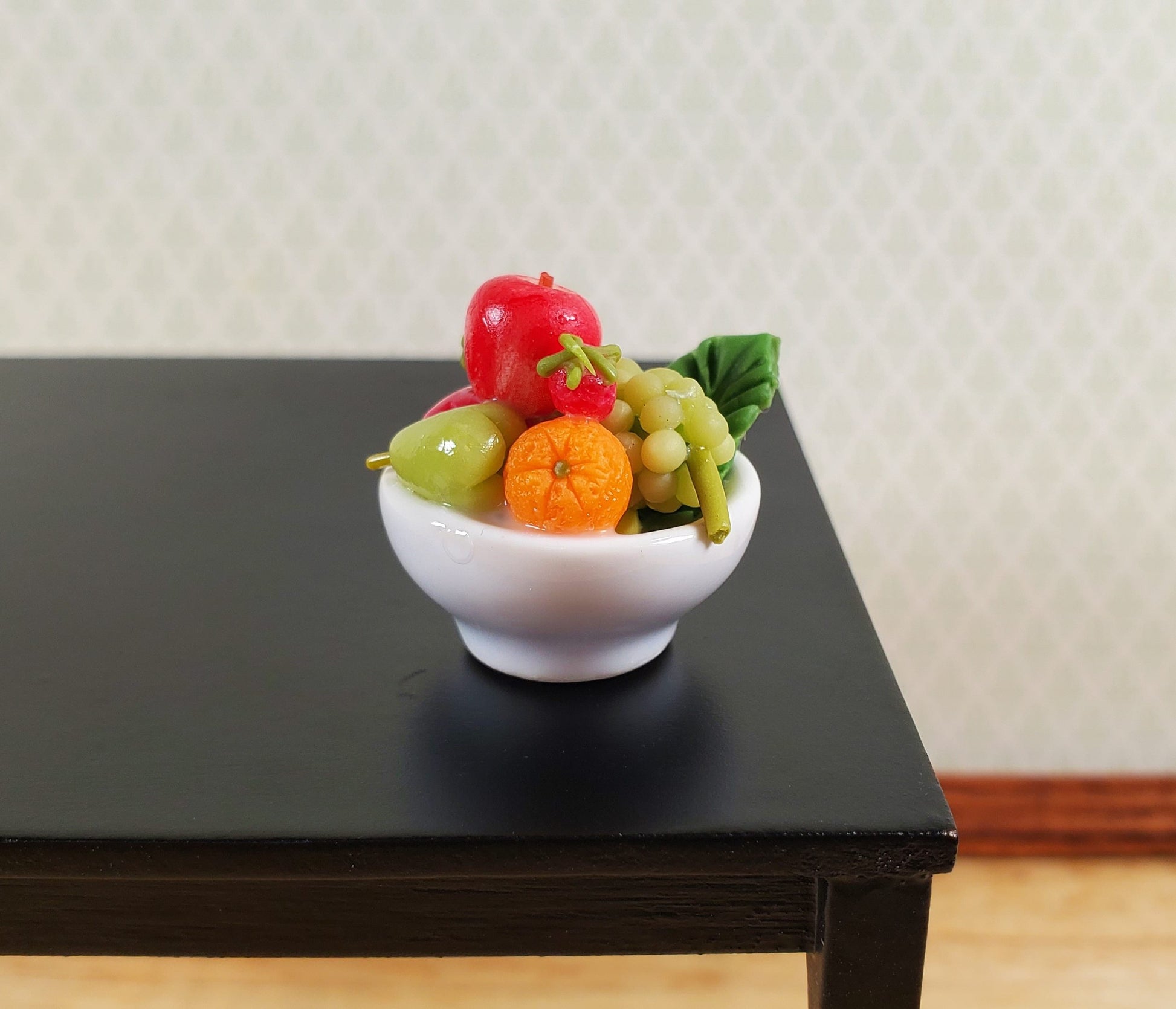 Dollhouse Bowl of Fruit Grapes Oranges Apples Ceramic 1:12 Scale Miniature