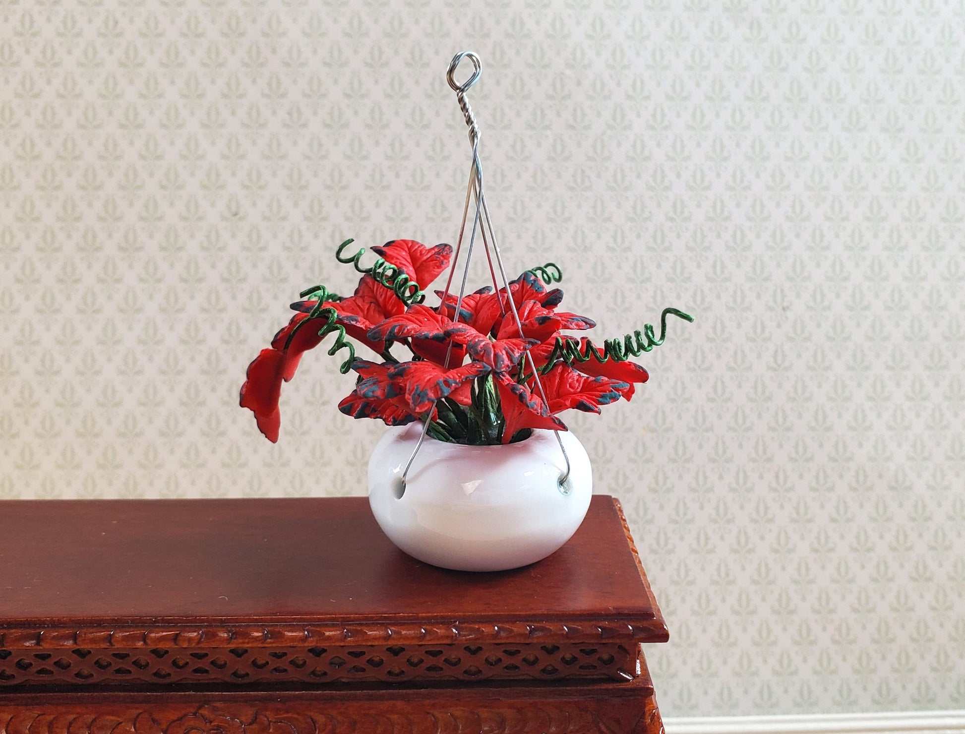 Dollhouse Red Coleus Plant in a Hanging Planter 1:12 Scale Miniature Garden