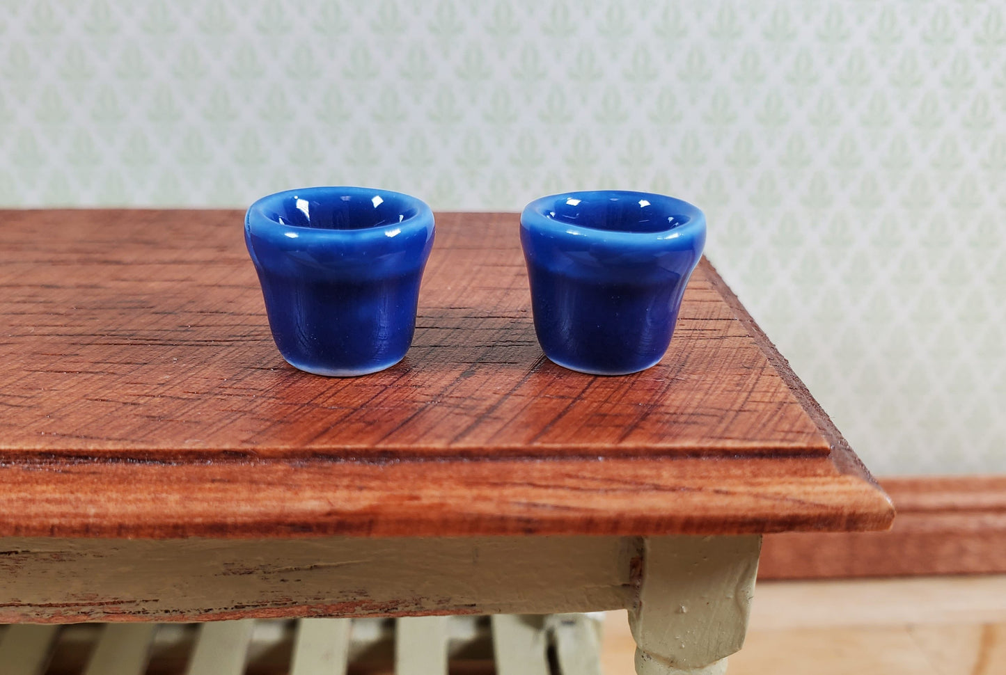 Dollhouse Planters Garden Pots Deep Blue Set of 2 Small Ceramic Miniatures