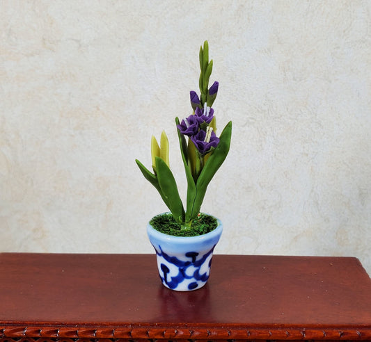 Dollhouse Purple Gladiolas in Blue & White Ceramic Pot 1:12 Scale Miniature