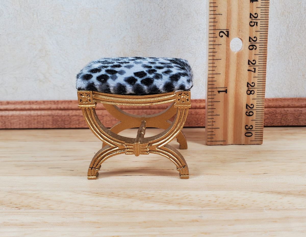 JBM Dollhouse Vanity Stool Bench Wood Animal Print Seat 1:12 Scale Miniature Furniture