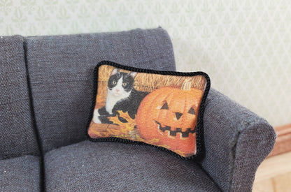 Dollhouse Halloween Cat with Pumpkin Pillow Handmade 1:12 Scale Miniature