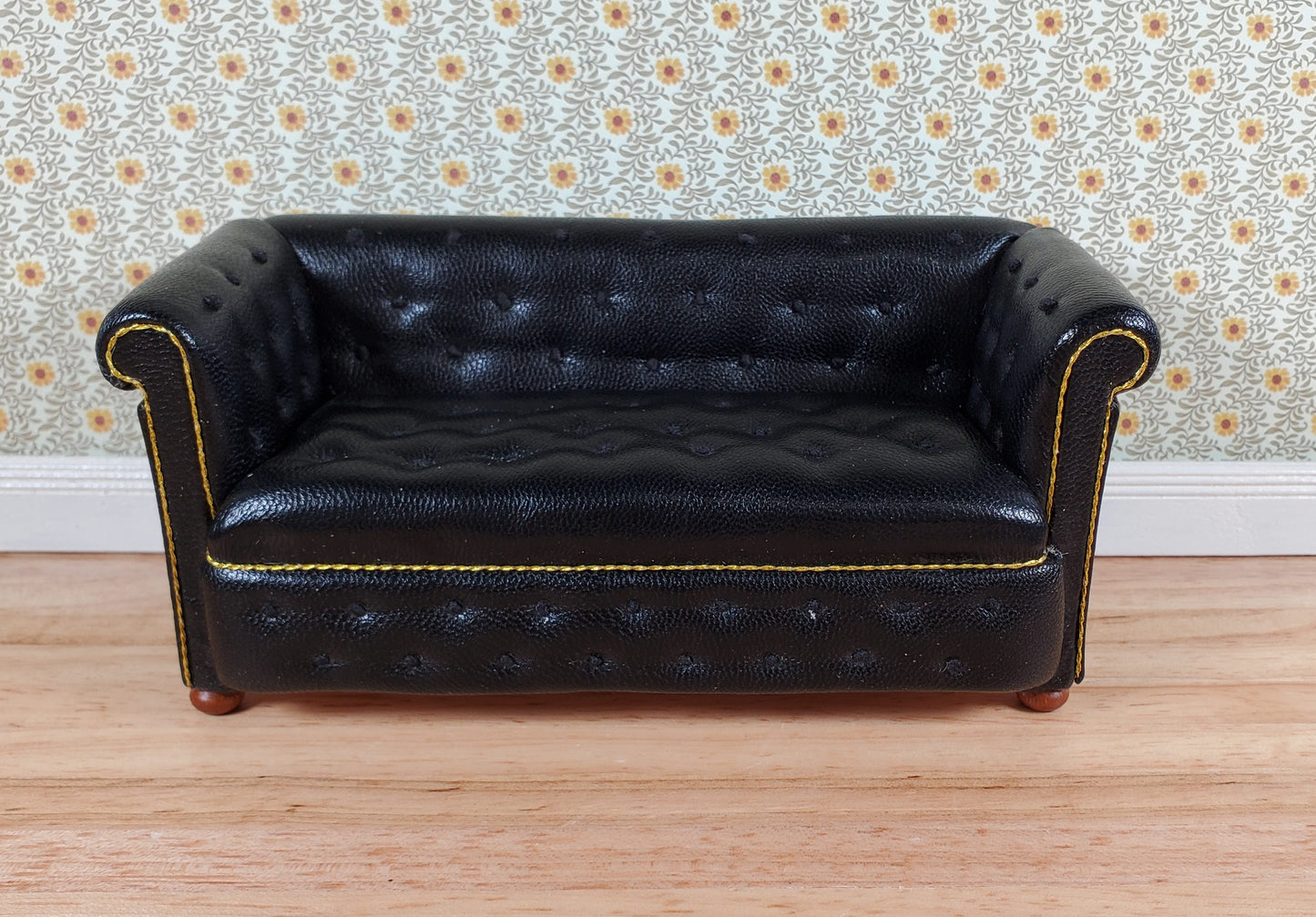 JBM Dollhouse Chesterfield Sofa Black Tufted Faux Leather 1:12 Scale Furniture