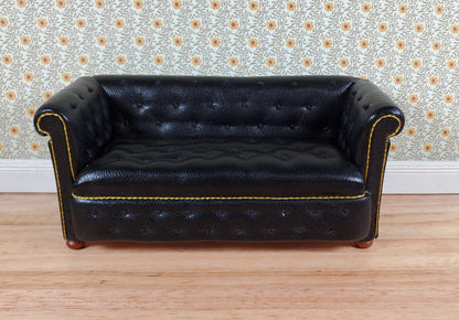 JBM Dollhouse Chesterfield Sofa Black Tufted Faux Leather 1:12 Scale Furniture