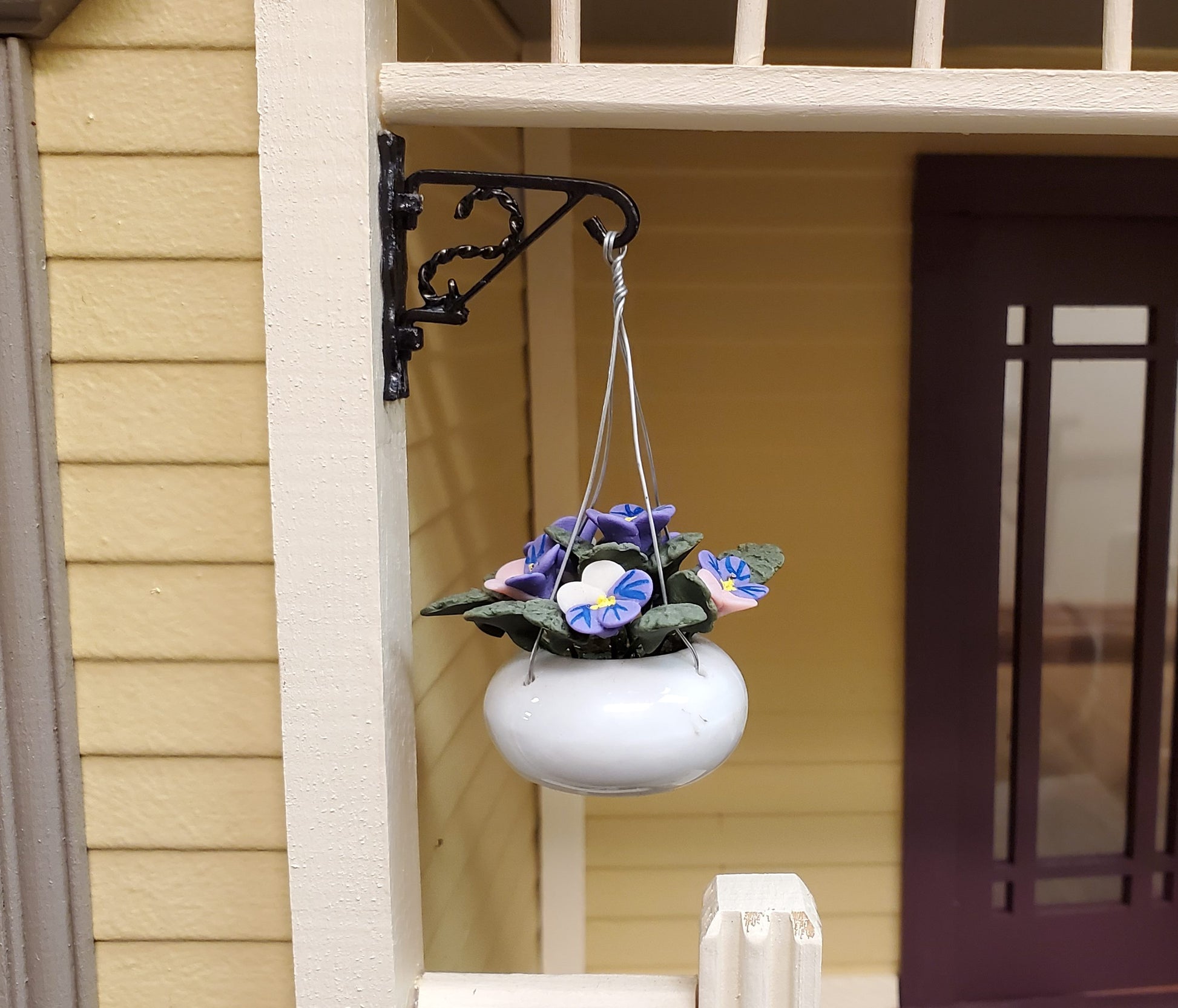Dollhouse Purple Pansies in a Hanging White Planter 1:12 Scale Miniature Garden