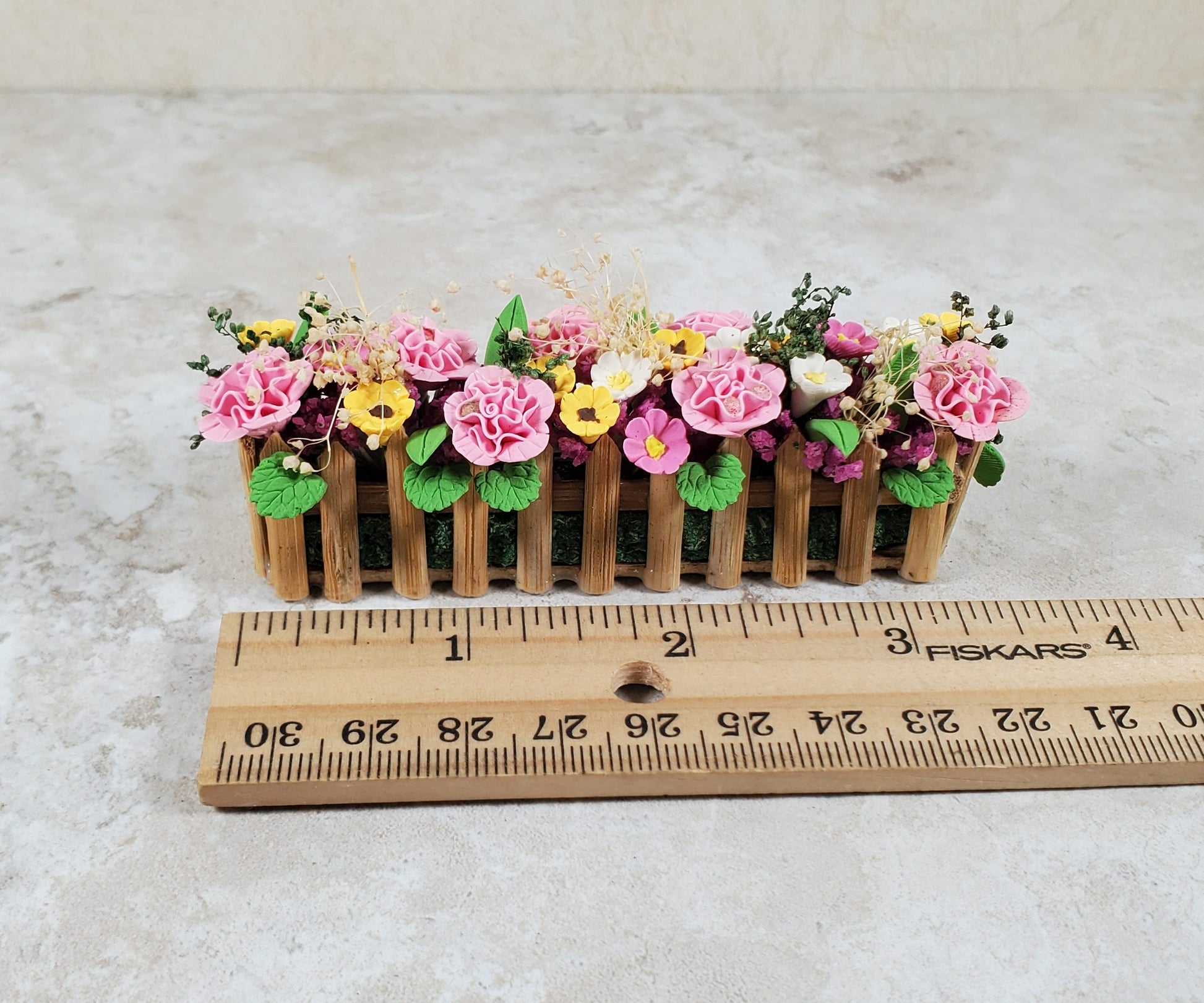 Dollhouse Pink Carnations in a 3.75" Wooden Picket Planter 1:12 Scale Miniature