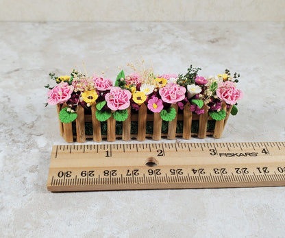Dollhouse Pink Carnations in a 3.75" Wooden Picket Planter 1:12 Scale Miniature