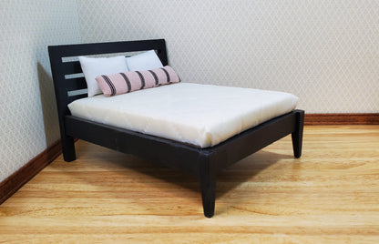 Dollhouse Double Bed Black Modern Style 1:12 Scale Miniature Wood Furniture