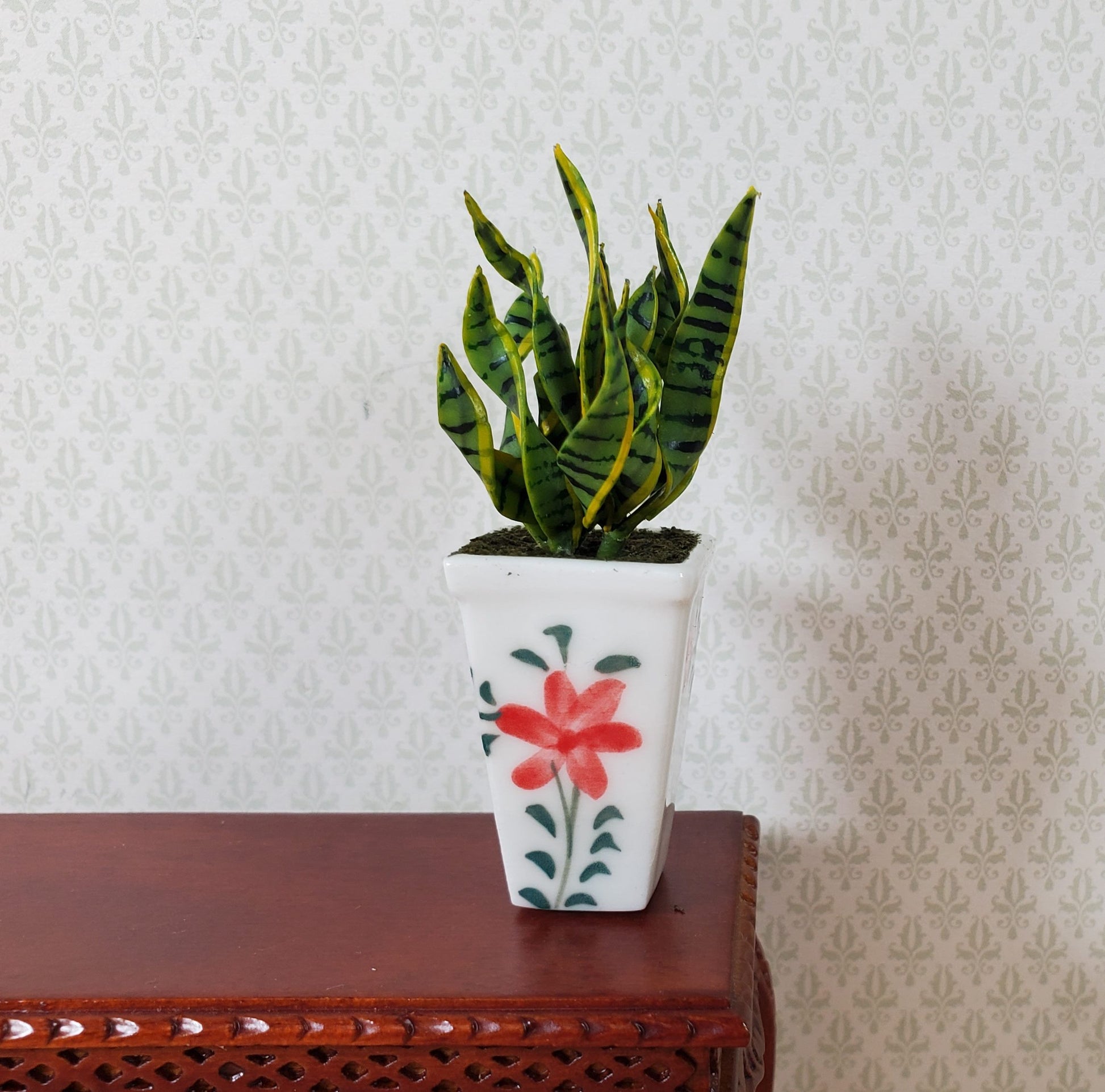 Dollhouse Snake Plant in a Large White Square Planter Pot 1:12 Scale Miniature