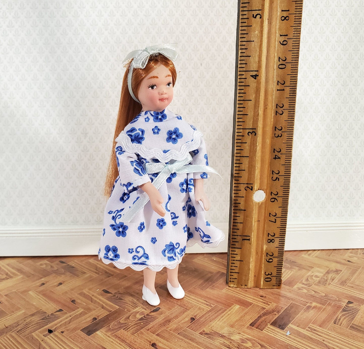 Dollhouse Miniature Girl Doll Long Hair Strawberry Blond Porcelain Poseable 1:12 Scale Blue & White Dress