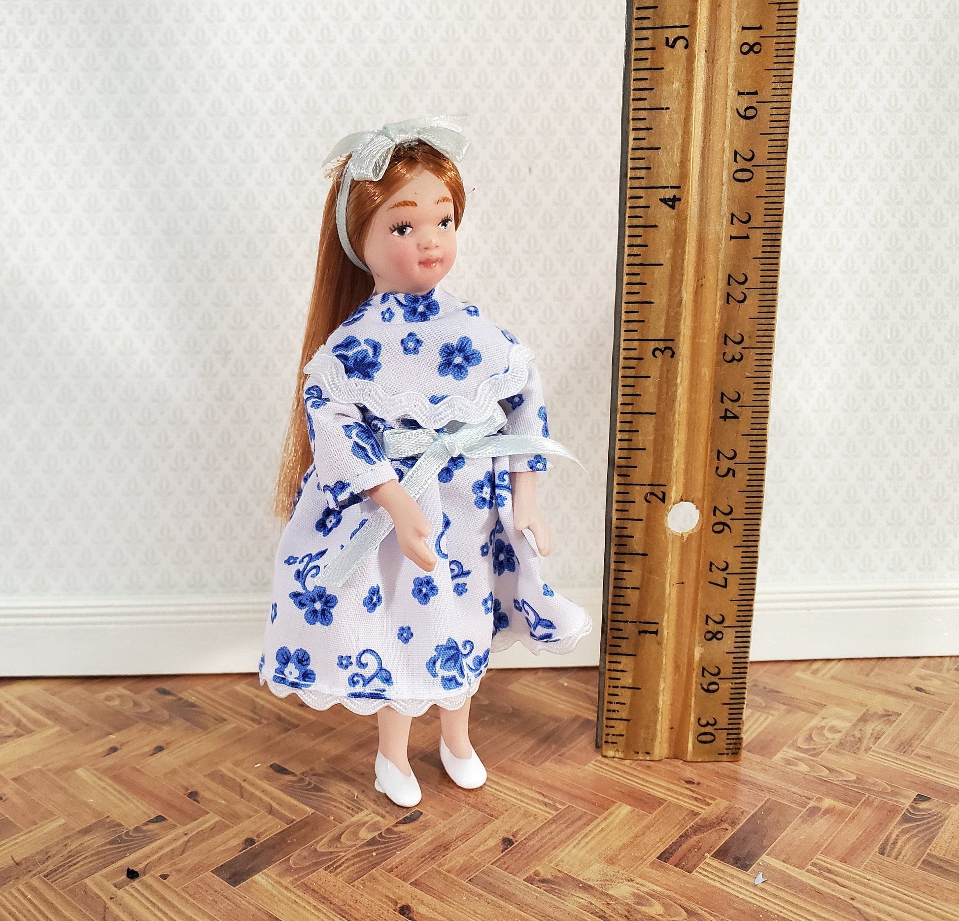 Dollhouse Miniature Girl Doll Long Hair Strawberry Blond Porcelain Poseable 1:12 Scale Blue & White Dress