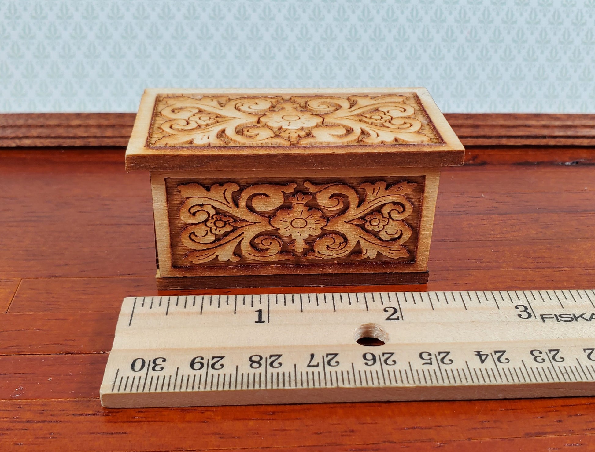Dollhouse Small Wood Trunk with Removable Lid Laser Carved 1:12 Scale Furniture