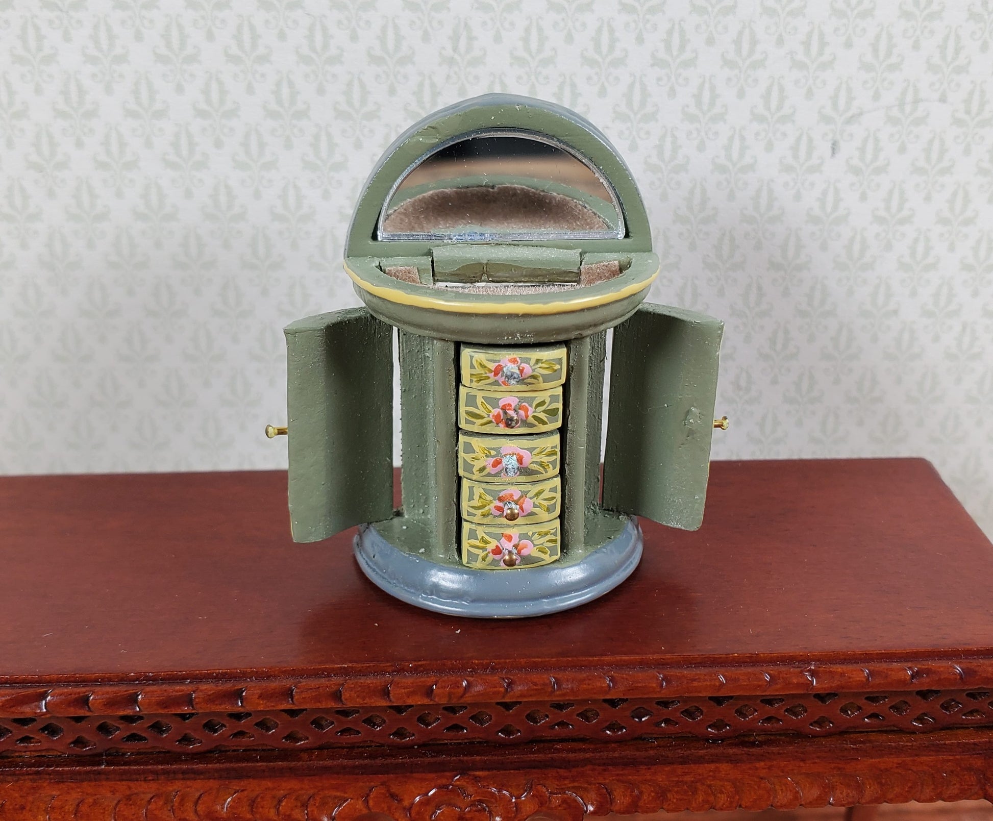 Dollhouse Wood Jewelry Box with Drawers Painted Detail 1:12 Scale Miniature