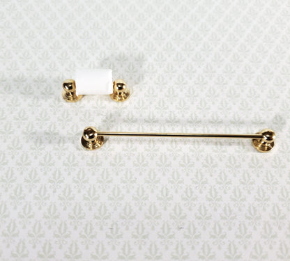 Dollhouse Miniature Towel Rod & Toilet Paper Holder Bathroom 1:12 Scale Gold Brass