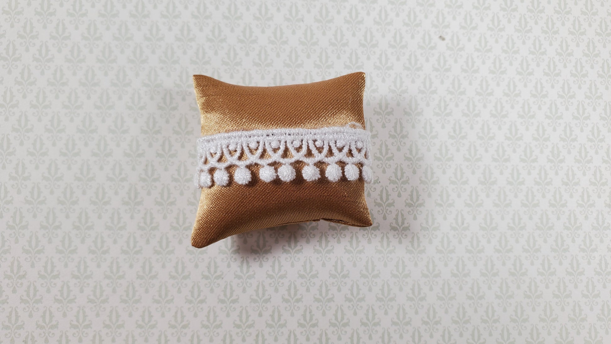 Dollhouse Christmas Pillow Gold w/ White Tassels Handmade 1:12 Scale Miniature