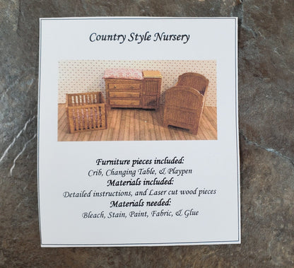 Dollhouse HALF SCALE Furniture KIT Country Nursery Set Crib Playpen Dresser 1:24