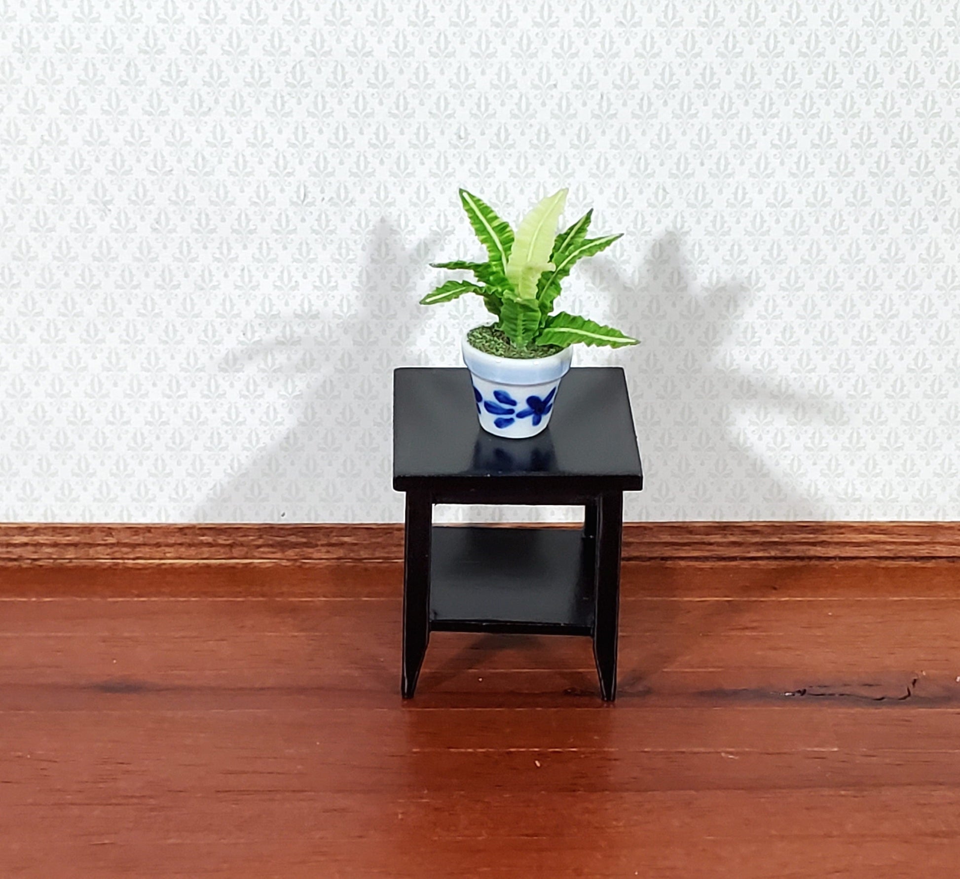 Dollhouse Side Table with Shelf Modern Style Wood Black Finish 1:12 Scale Miniature Furniture