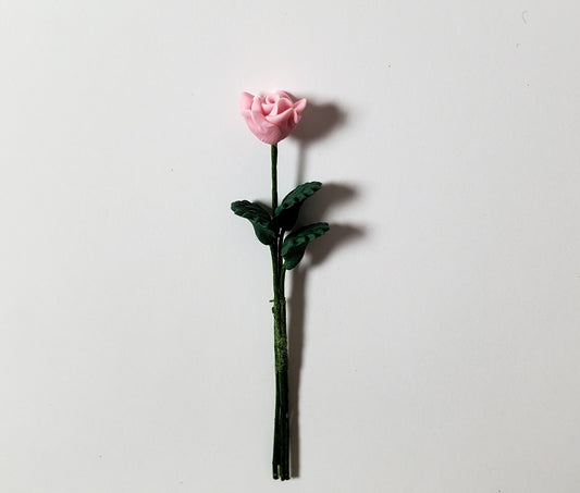 Dollhouse Light Pink Rose Single Stem with Foliage 1:12 Scale Miniature