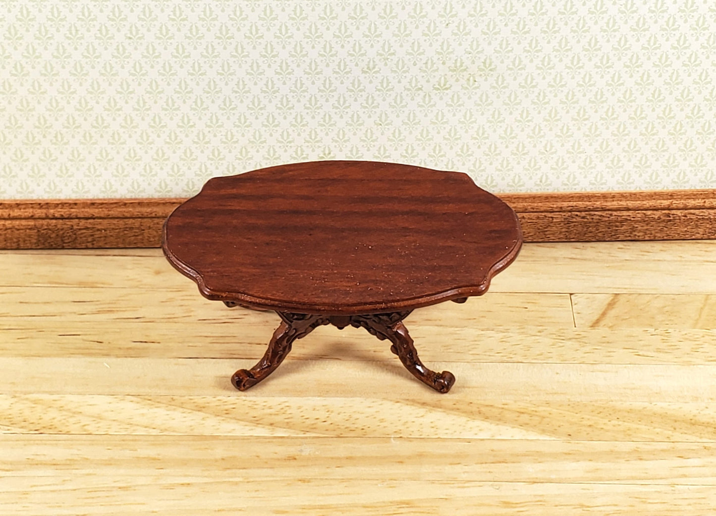 Dollhouse Victorian Coffee Table Oval Walnut Finish 1:12 Scale Miniature