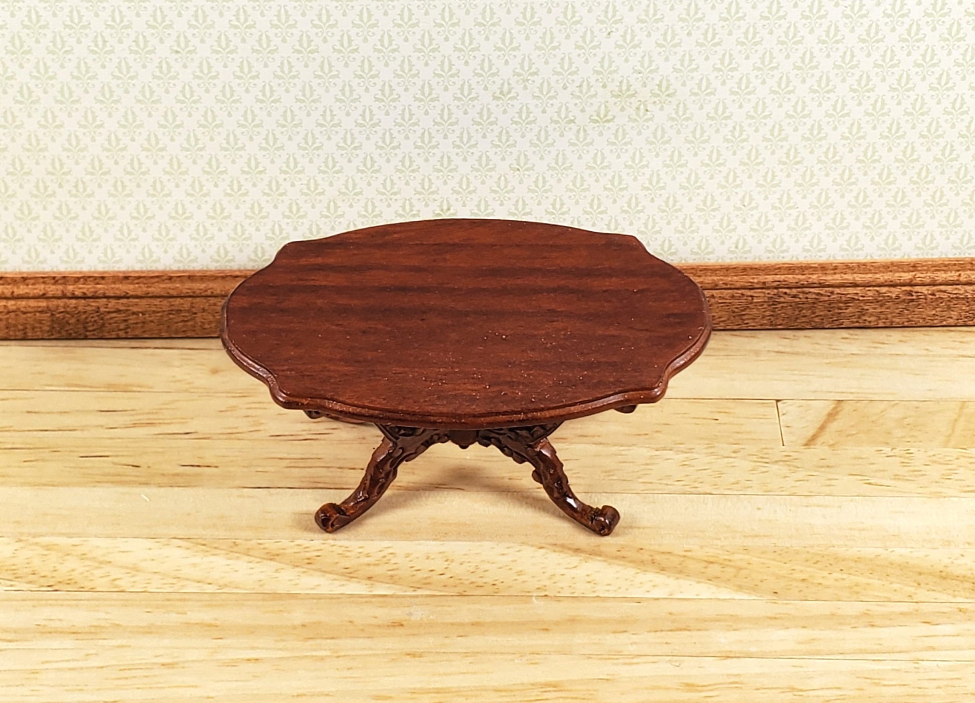 Dollhouse Victorian Coffee Table Oval Walnut Finish 1:12 Scale Miniature