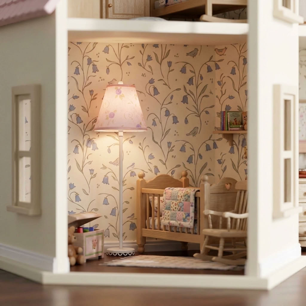 Dollhouse Nursery Floor Lamp Pink Shade White Base 12 Volt Wired 1:12