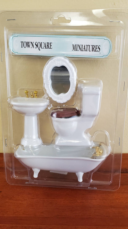 Dollhouse Miniature Bathroom Set Tub Toilet Sink All White Gold Fixtures 1:12 Scale