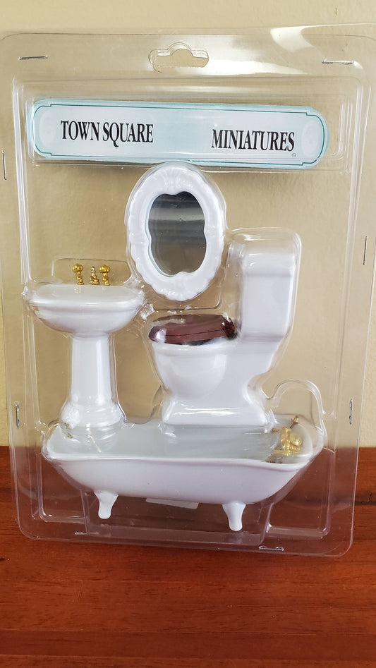Dollhouse Miniature Bathroom Set Tub Toilet Sink All White Gold Fixtures 1:12 Scale