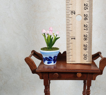 Dollhouse Light Pink Tulips in a Blue & White Ceramic Pot 1:12 Scale Miniature