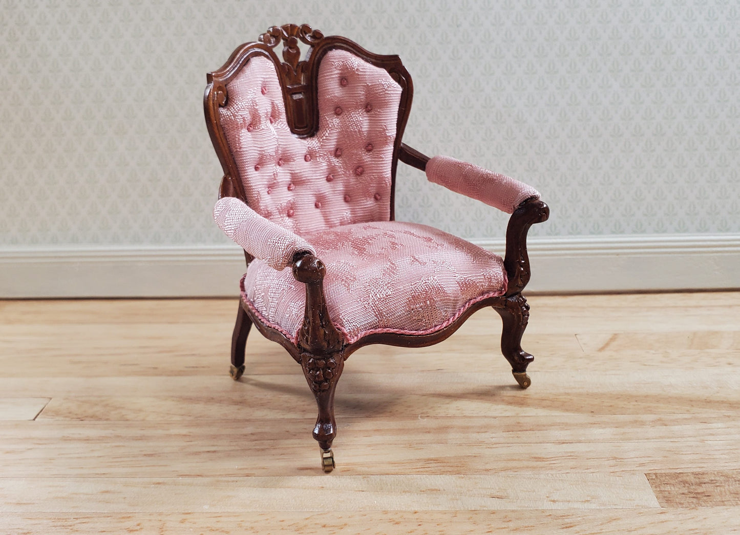 JBM Dollhouse Pink Arm Chair Victorian Style Walnut Finish 1:12 Scale