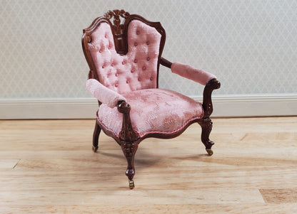 JBM Dollhouse Pink Arm Chair Victorian Style Walnut Finish 1:12 Scale