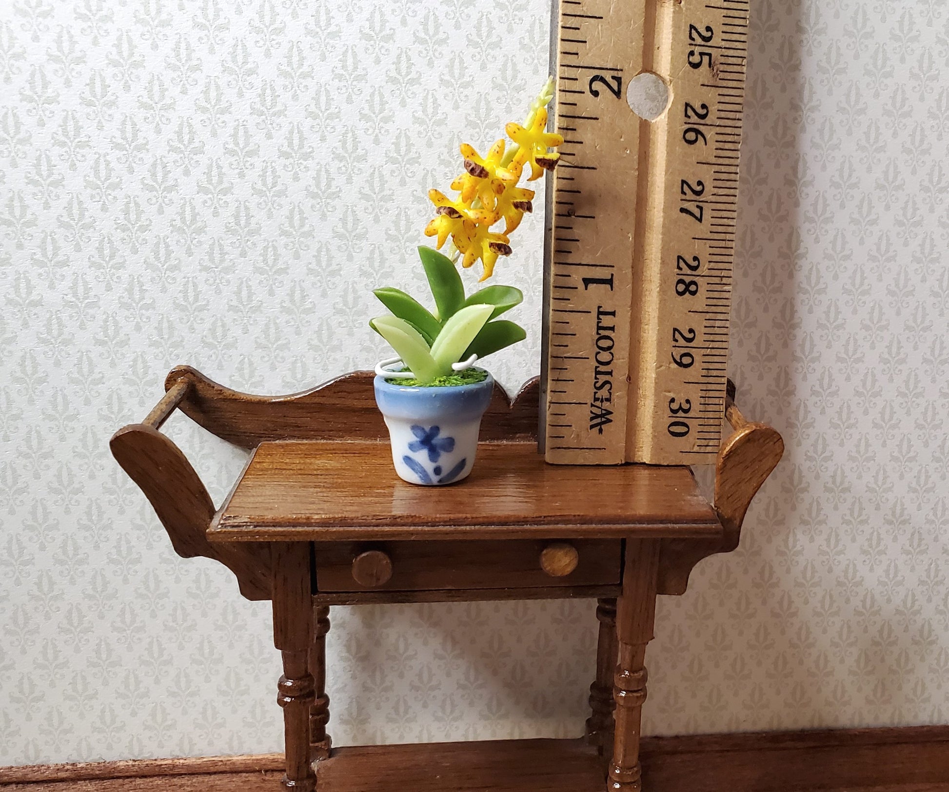 Dollhouse Orchid Flowers Plant in Ceramic Planter Orange 1:12 Scale Miniature