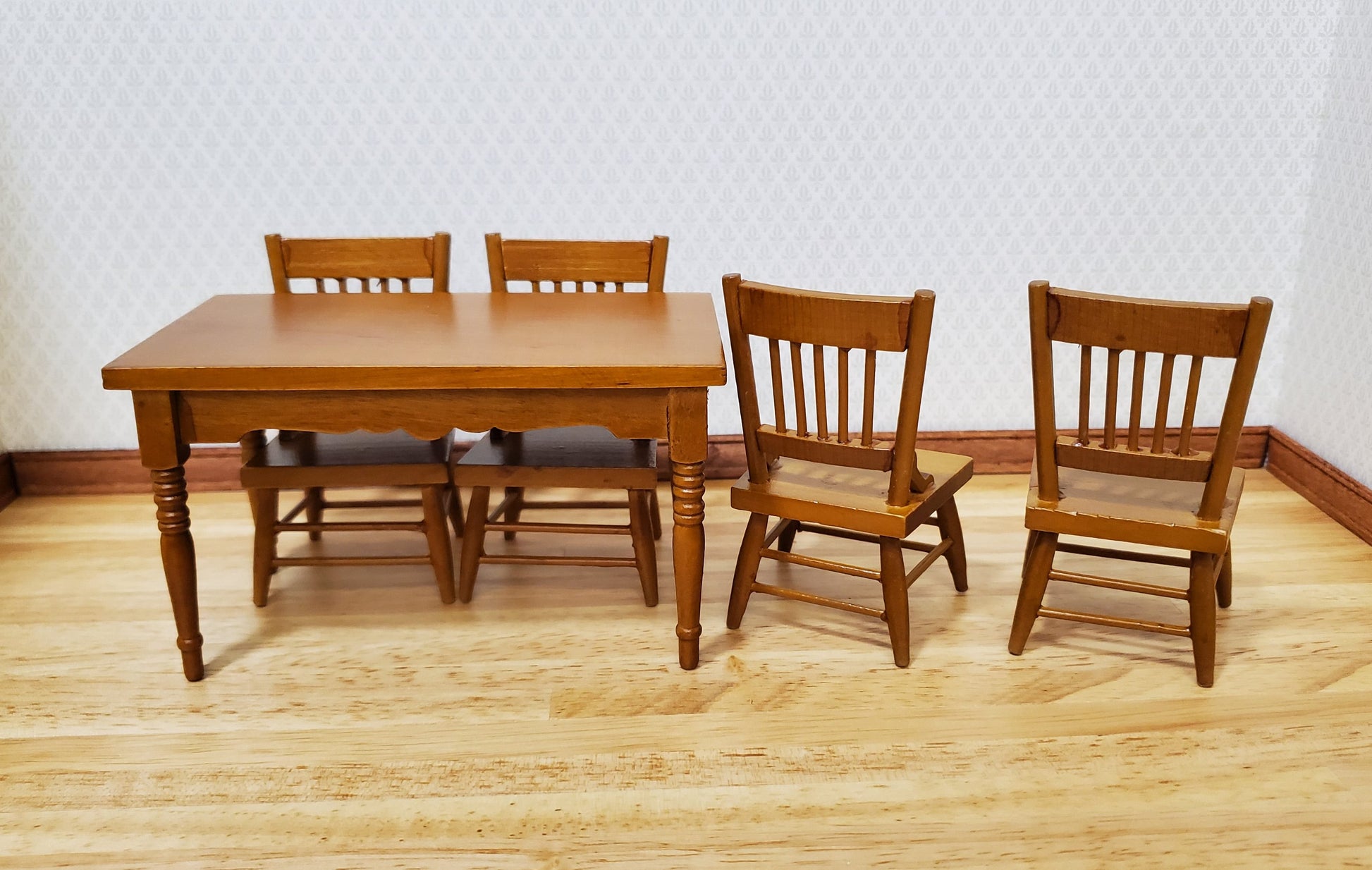 Dollhouse Kitchen Table & 4 Chairs Set Walnut Finish 1:12 Scale Furniture