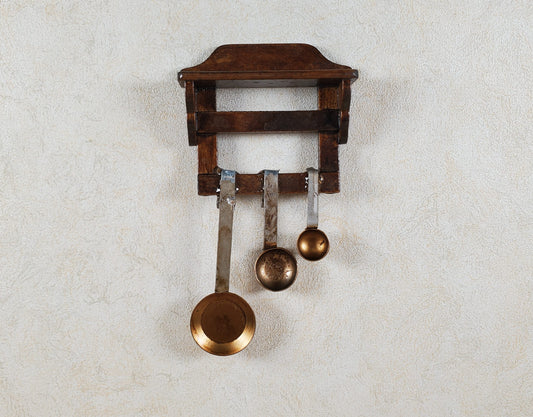 Dollhouse Primitive Pans Scoops Ladles on Wood Shelf 1:12 Scale Miniature Set