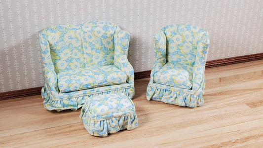 Dollhouse Small Sofa Chair Ottoman Blue White Yellow 1:12 Scale Miniature Furniture
