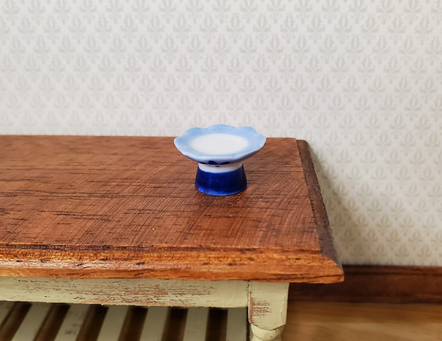 Dollhouse Miniature Pedestal Serving Bowl Blue & White Ceramic 1:12 Scale Decor