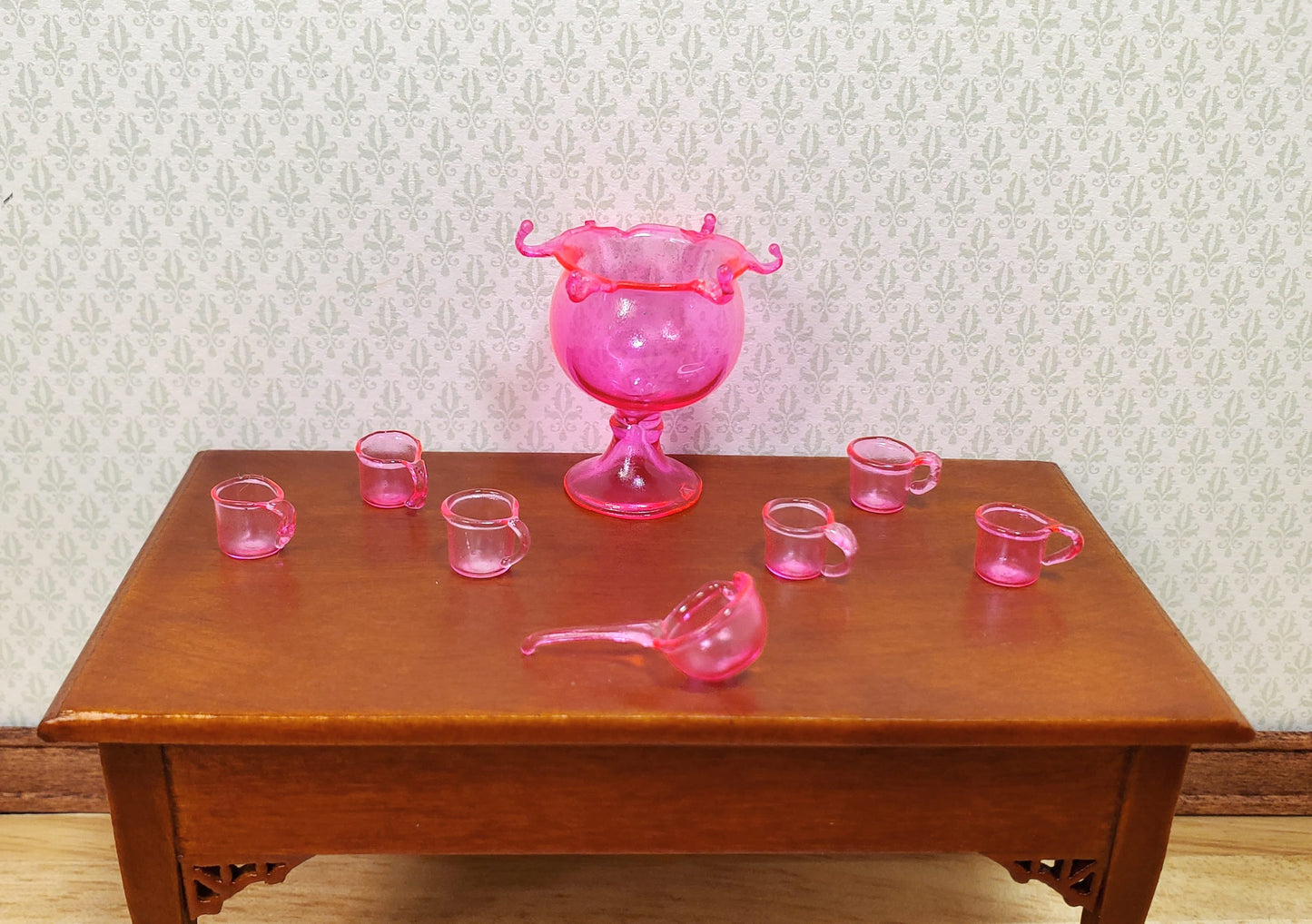 Dollhouse Glass Punch Bowl with Cups & Ladle Pink 1:12 Scale Miniature Kitchen