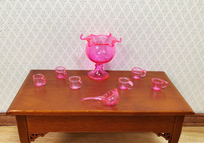 Dollhouse Glass Punch Bowl with Cups & Ladle Pink 1:12 Scale Miniature Kitchen