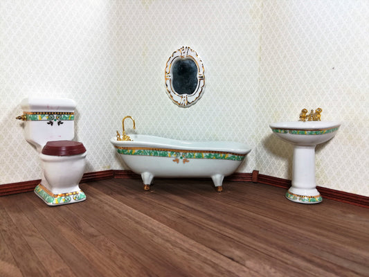 Dollhouse Miniature Bathroom Set White & Green Porcelain Tub Toilet Sink 1:12 Scale
