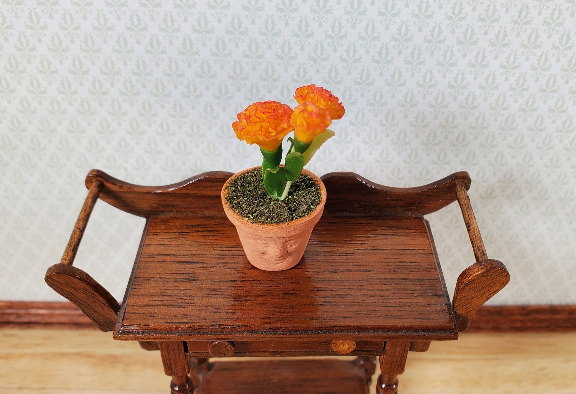 Dollhouse Orange Carnations in Sweet Faced Terra Cotta Planter 1:12 Scale