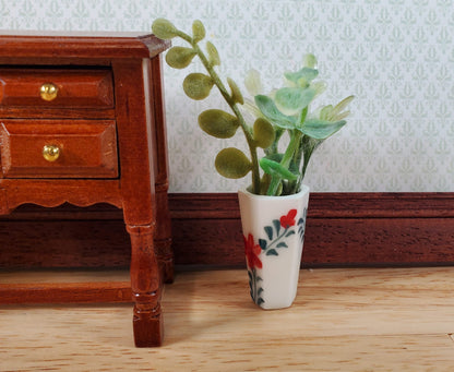 Dollhouse Large Vase White Ceramic Red Flower Design Use in 1:12 or 1/6 Scale