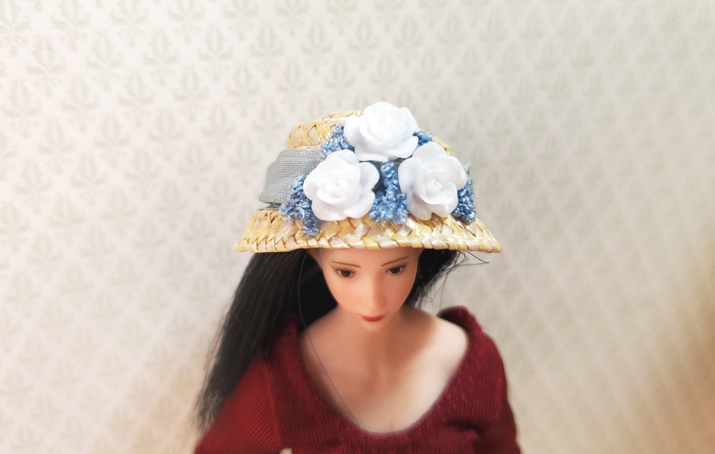 Dollhouse Victorian Hat Tan with White Roses Handmade 1:12 Scale Miniature
