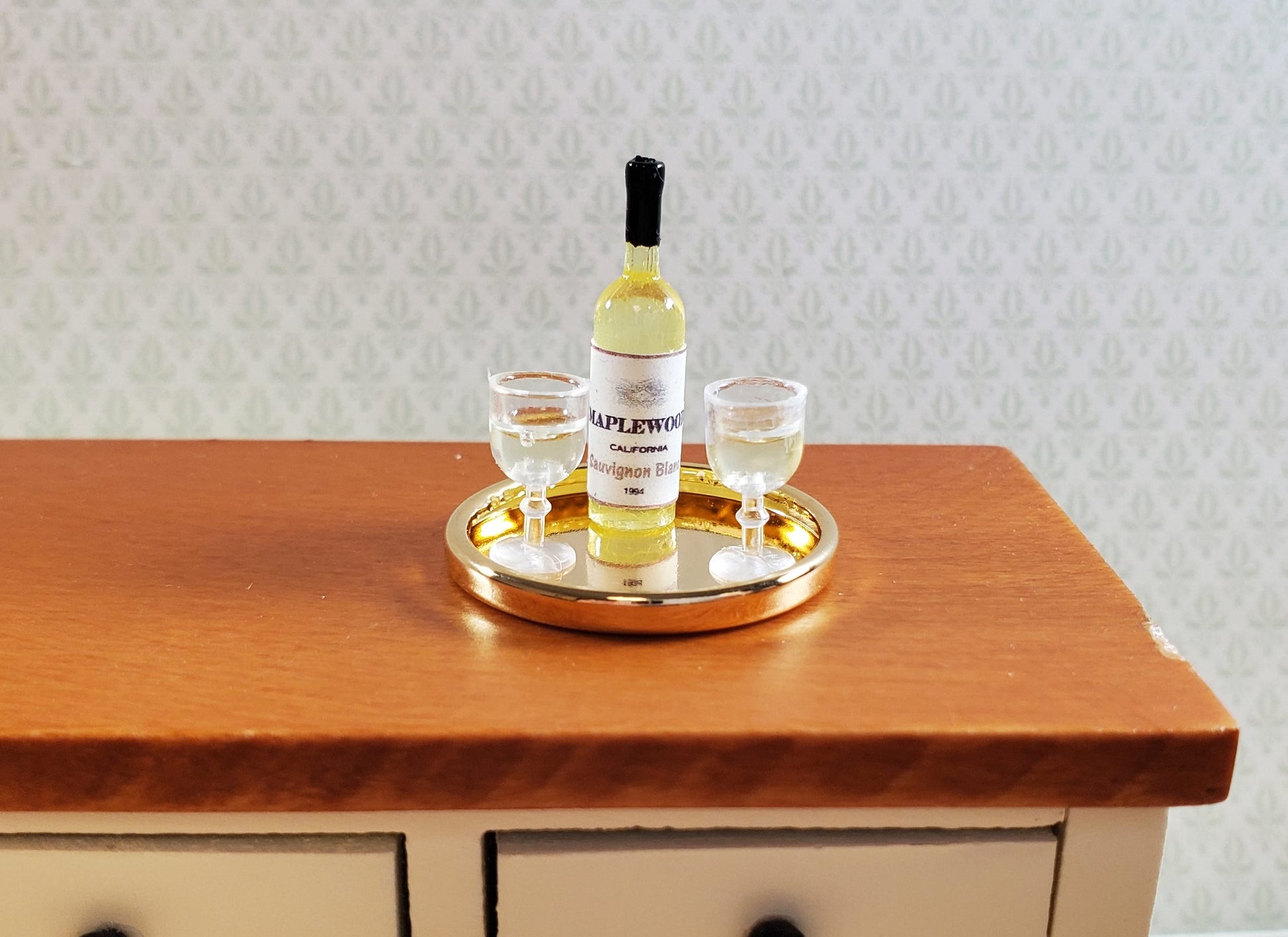 Dollhouse Miniature White Wine Bottle & 2 Filled Wine Glasses on Tray 1:12 Scale