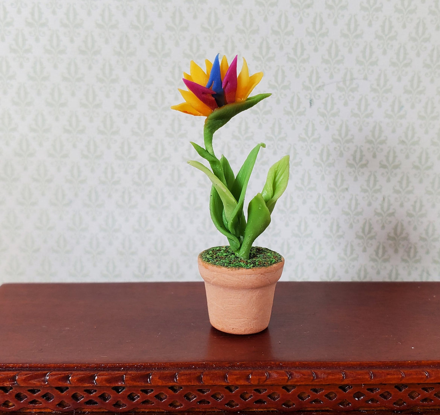 Dollhouse Red & Yellow Bird of Paradise in Terra Cotta Pot 1:12 Scale Miniature