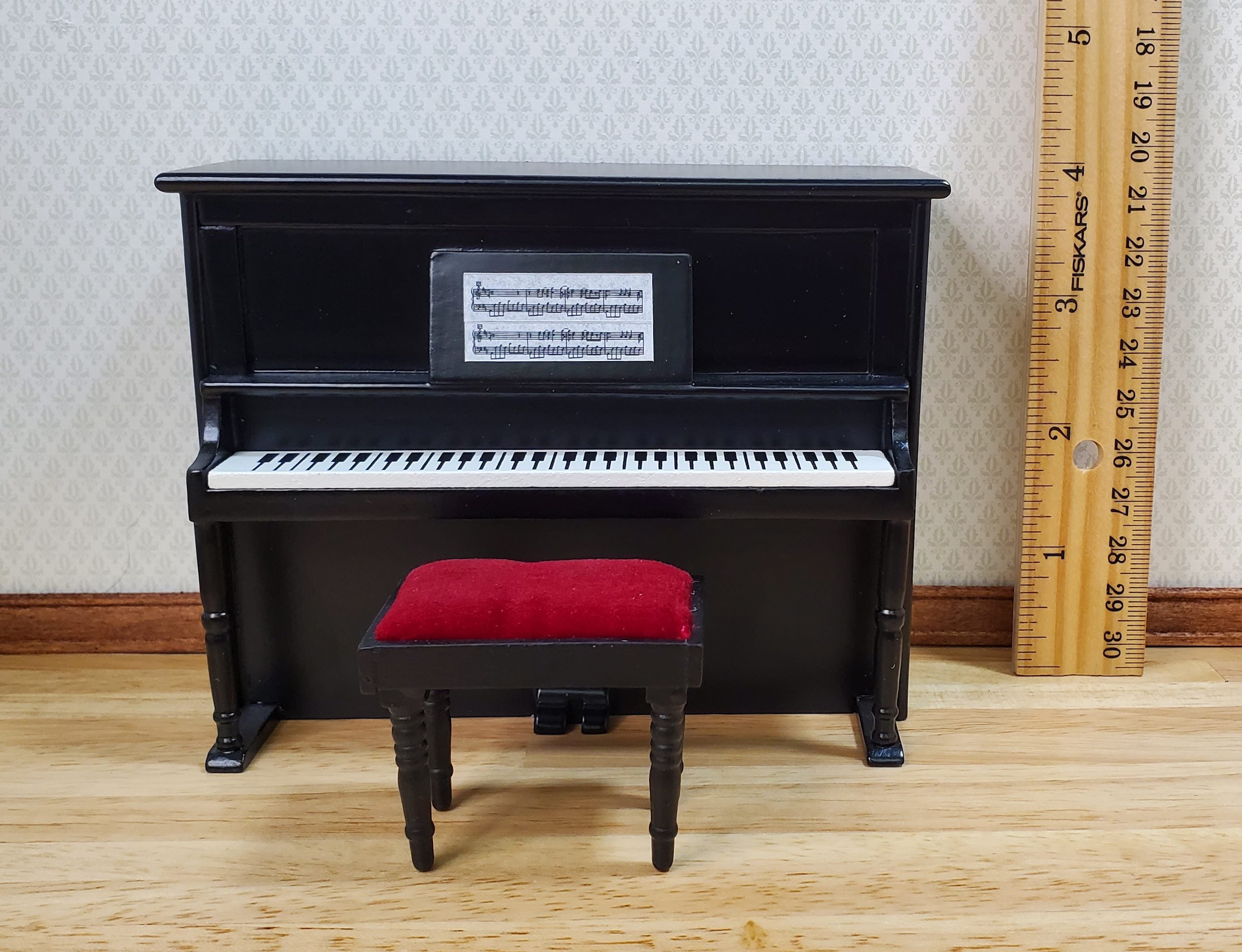 Miniature Upright Piano with Bench Seat Wood 1:12 Scale Dollhouse