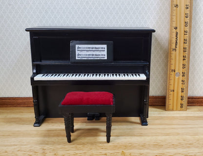 Miniature Upright Piano with Bench Seat Wood 1:12 Scale Dollhouse Black Finish